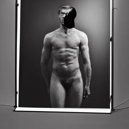 Prompt: portrait of camera - human hybrid, by annie leibovitz, portrait of a man, studio lighting