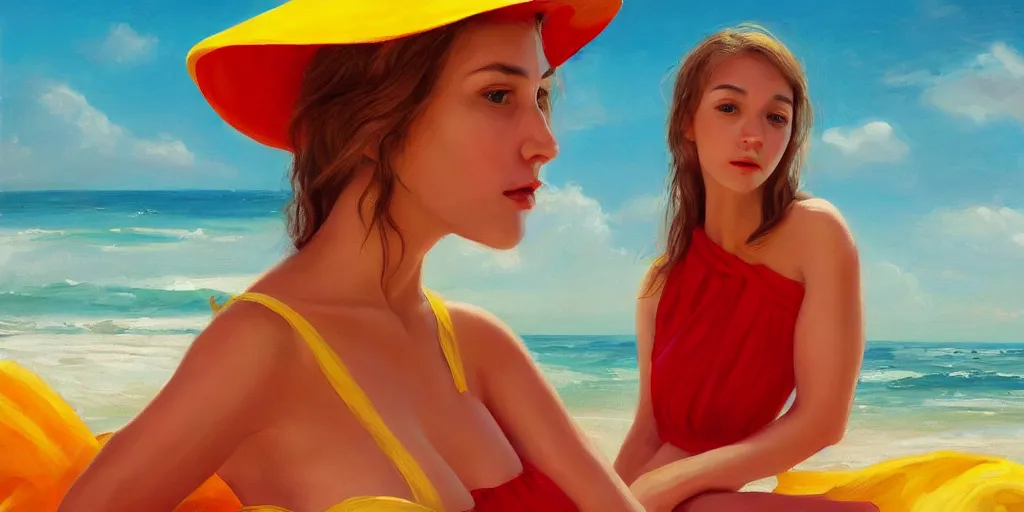 Prompt: beautiful oil matte portrait painting, young woman with a red dress and a mustard yellow summer hat enjoying the beach, wonderful masterpiece highly detailed, beautiful cinematic light deep focus, elegant, digital painting, smooth, sharp focus, golden ratio, dramatic illumination, ultra realistic, 8 k, art by jimmy law