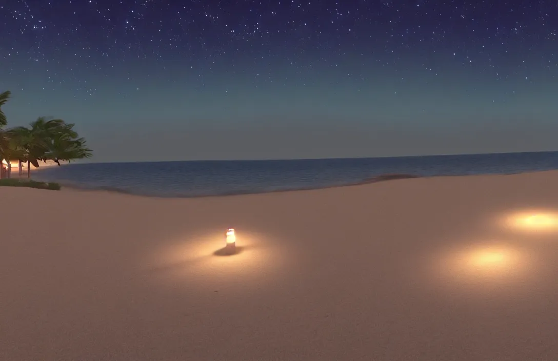 Image similar to on the beach, at night, unreal engine rendering