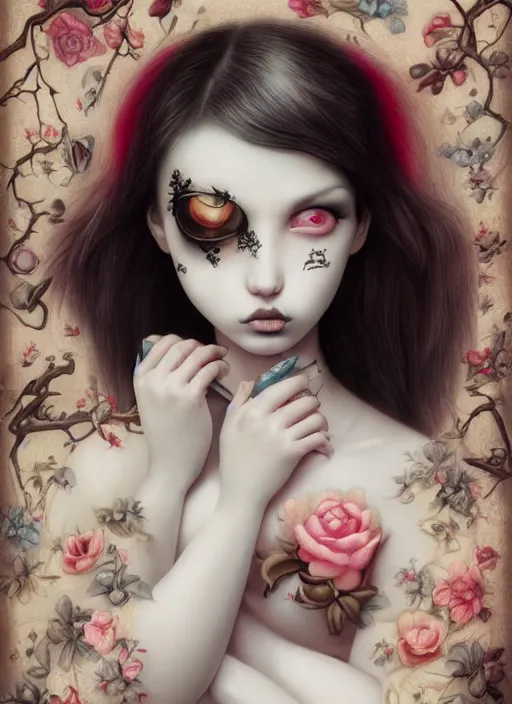 Image similar to pop surrealism, lowbrow art, realistic cute seductive female painting, japanese artist kaname ozuma, hyper realism, muted colours, rococo, dorian clevenger, natalie shau tom bagshaw, mark ryden, trevor brown style,