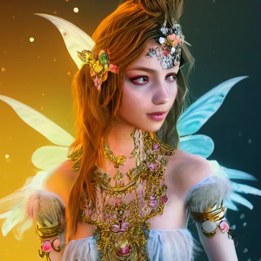 Image similar to portrait of fairy princess, glowing, ornate and intricate jewelry, jaw dropping beauty, glowing background lighting, white accent lighting, hyper detailed, fairy tale, 4 k octane render