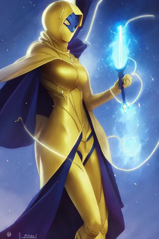 Image similar to anime key visual of a beautiful young female doctor fate!! intricate, cape, glowing, powers, dc comics, cinematic, stunning, highly detailed, digital painting, artstation, smooth, hard focus, illustration, art by artgerm and greg rutkowski and alphonse mucha