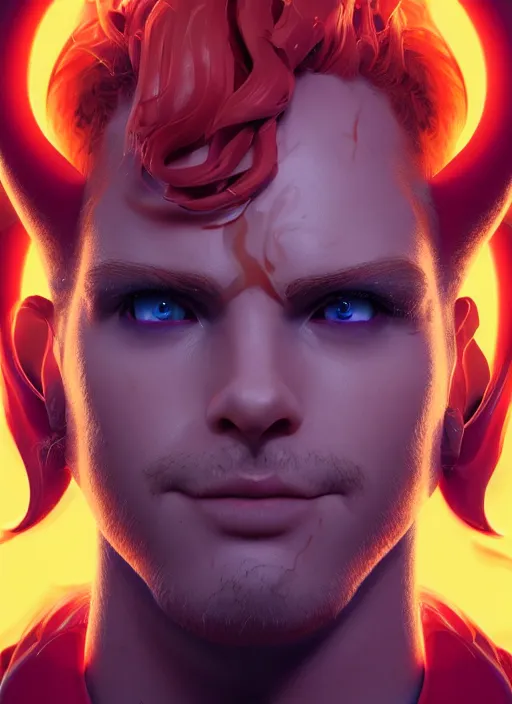 Image similar to glowwave portrait of a curly orange hair man with devil horns from overwatch, au naturel, hyper detailed, digital art, trending in artstation, cinematic lighting, studio quality, smooth render, unreal engine 5 rendered, octane rendered, art style by klimt and nixeu and ian sprigger and wlop and krenz cushart riot arcane overwatch
