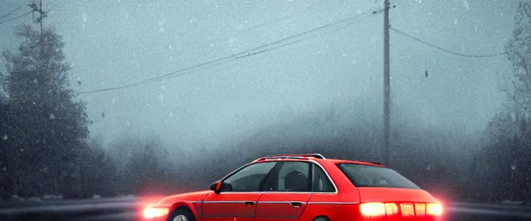 Image similar to Audi A4 B6 Avant (2002), a gritty neo-noir, Robot horror, dramatic bright lighting, cinematic, establishing shot, extremely high detail, photorealistic, cinematic lighting, artstation, by simon stalenhag, Snowy italian road, Snowy Apennines, At night, Poets of the Fall - Late Goodbye