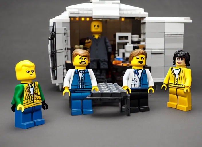 Image similar to product photo still of walter white and jesse pinkman breaking bad winnebago lego playset, 8 k, 1 2 0 mm macro, f 1. 8, studio lighting, key light