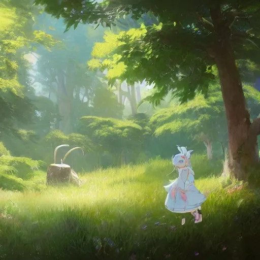 Image similar to concept art painting of a chubby white rabbit wearing a turquoise dress, in the deep forest, realistic, detailed, cel shaded, in the style of makoto shinkai and greg rutkowski and james gurney