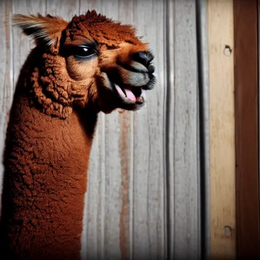 Prompt: an alpaca scream at a door that leaks lots of dark liquids