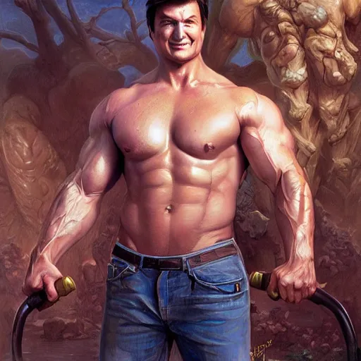 Prompt: nathan fillion, flexing large muscles, driving a lawnmower, white lace clothing, gold accessories, elegant, highly detailed, digital painting, matte, sharp focus, art by artgerm, frank frzetta, boris vallejo, bouguereau, beksinski, cinematic