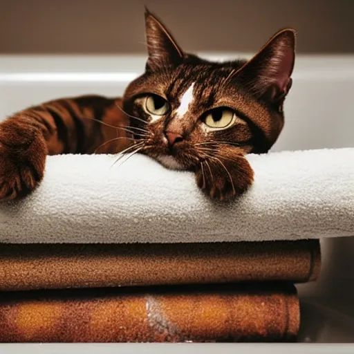 Image similar to brown floppa cat laying on stacks of money in bathtub