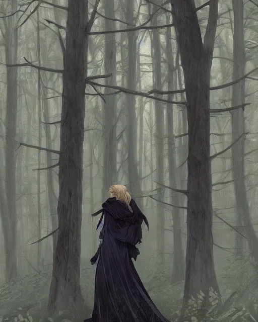 Image similar to elsa walking in a forest, winter, somber, sad, black dress, low light, foggy at dawn, sunlight visible through tree leaves, misty, magic, atmospheric art by artgerm and greg rutkowski and alphonse mucha and by artgerm, by studio muti, greg rutkowski makoto shinkai takashi takeuchi,