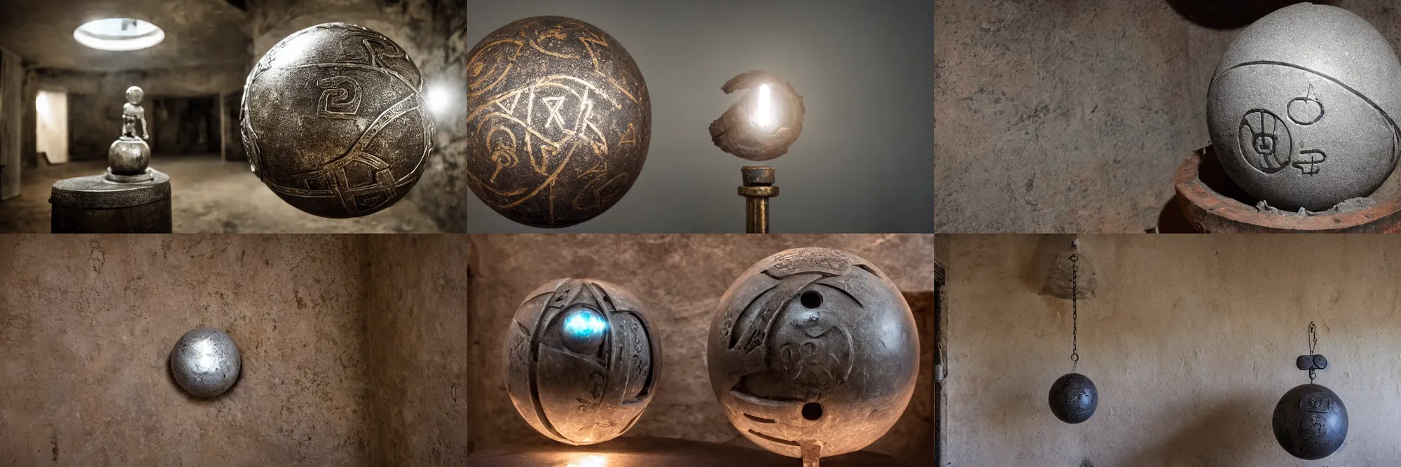 Prompt: an iron ball with weird symbols engraved on it. the ball is on a pedestal. the light enter the room by a hole in the ceiling. wide shot