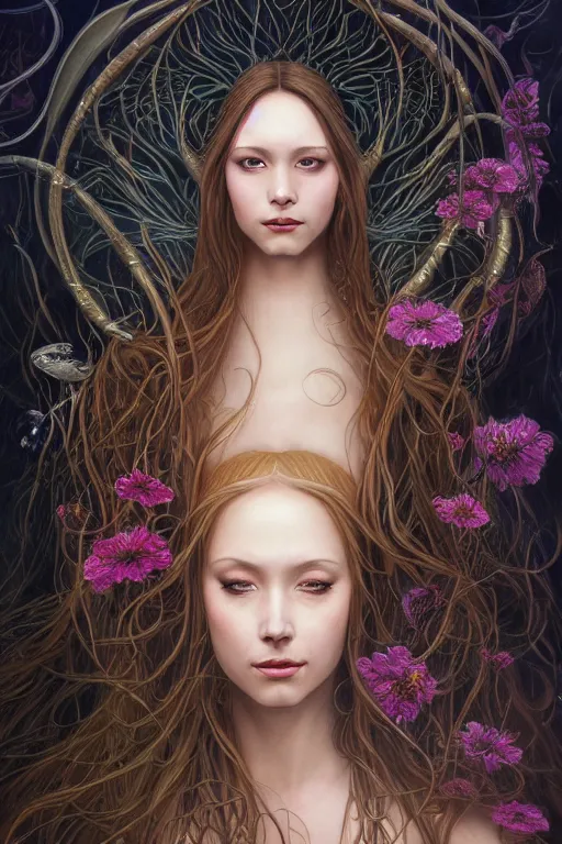 Image similar to portrait of a young female wizard in flowing sensual dress, arrogant, long fine flowing hair, delicate, looking at camera, slight nerdy awkward smile, realistic face, stylish, elegant, grimdark fantasy, flowers, extremely detailed painting inspired by Gerald Brom and Ernst Haeckel and Carvaggio , studio lighting