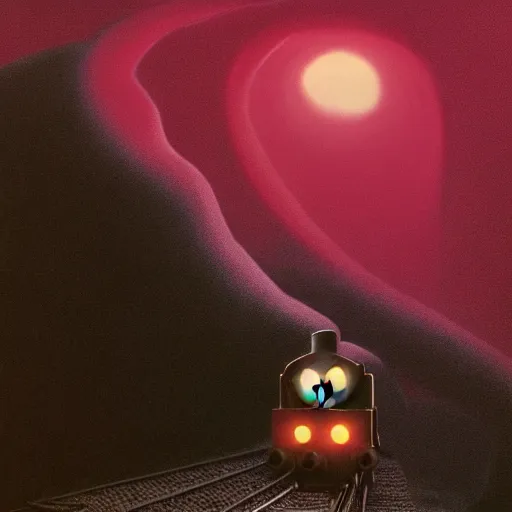 Image similar to thomas the tank engine in style of zdzisław beksinski, extremely dramatic lighting, 8 k, tendrils, black, darkness, body horror, thomas the train, thomas the tank engine face, horror,