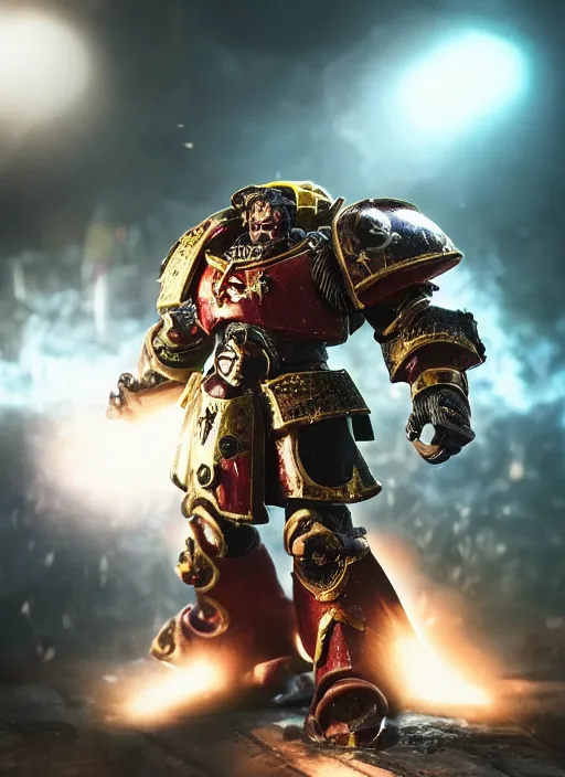 Image similar to Barry Chuckle as a Chaos Space Marine, splash art, movie still, cinematic lighting, dramatic, octane render, long lens, shallow depth of field, bokeh, anamorphic lens flare, 8k, hyper detailed, 35mm film grain