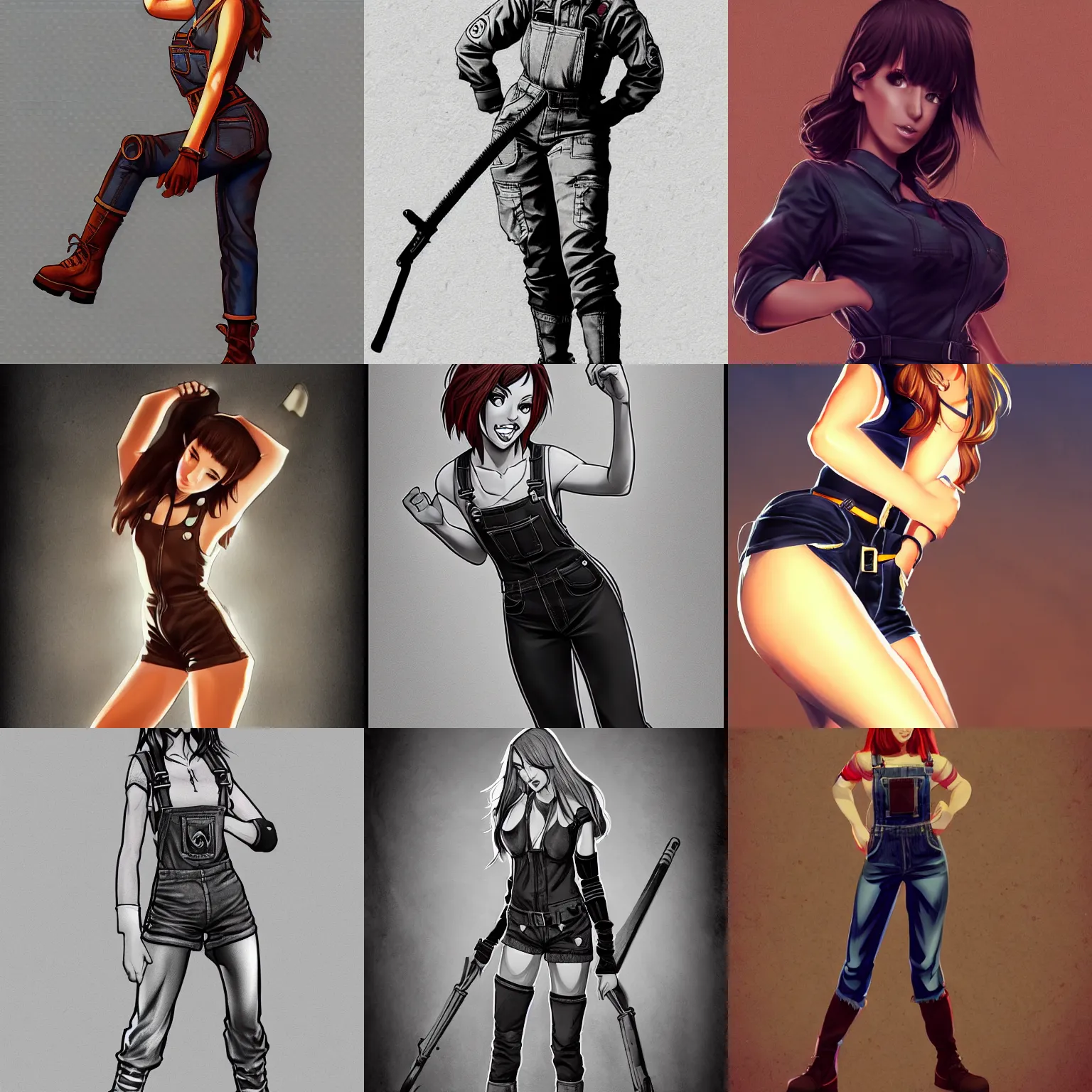 Prompt: full body pose, hd, manga anime portrait of a beautiful woman in combat boots and overalls, in alex ross style detailed trending award winning on flickr artstation,