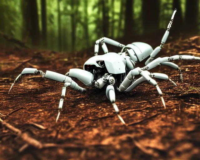 Image similar to photo of a white terminator spider with heavy duty biomechanical hydraulic cybernetic body with antennas and visor cogs and gears and components in the forest. cyberpunk horror style. highly detailed 8 k. intricate. nikon d 8 5 0 5 5 mm. award winning photography.