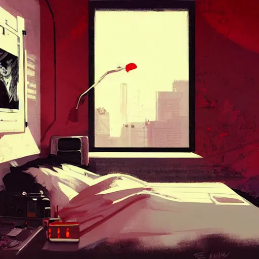 Prompt: highly detailed painting of a computer on a bed by atey ghailan, by greg rutkowski, by greg tocchini, by james gilleard, by joe fenton, by kaethe butcher, gradient red, black and white color scheme, grunge aesthetic!!! ( ( graffiti tag wall background ) )
