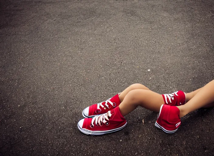 Image similar to side view of the legs of a woman hook sitting on the ground by a curb, very short pants, wearing red converse shoes, wet aslphalt road after rain, blurry background, sigma 8 5 mm