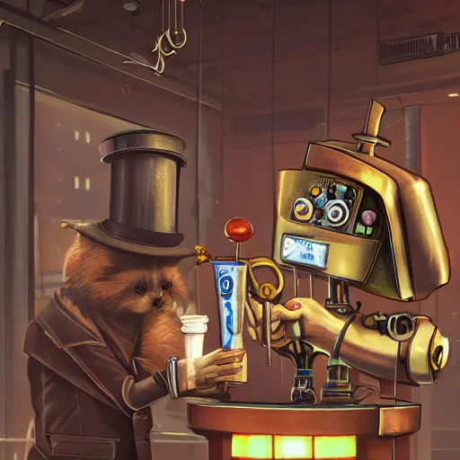 Image similar to a steampunk robot is at the bar and orders a drink from a (TY fluffy puppy) bartender, cgsociety.