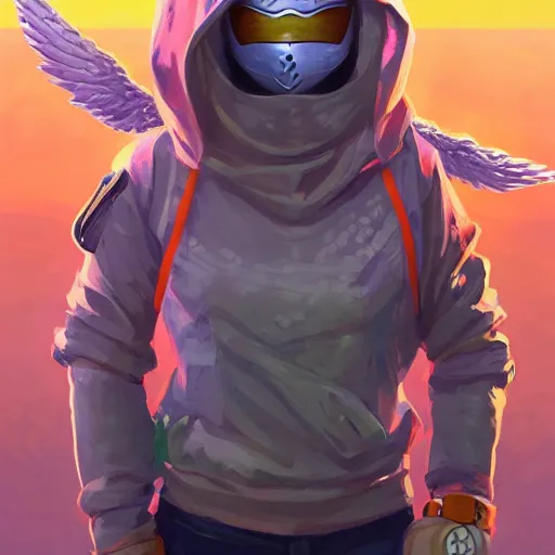 Prompt: Angel cherub balaclava orange mask hoodie fantasy art apex fortnite Video game icon, 2d game art gta5 cover , official fanart behance hd artstation by Jesper Ejsing, by RHADS, Makoto Shinkai and Lois van baarle, ilya kuvshinov, rossdraws