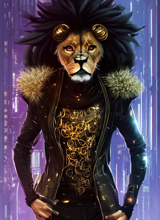 Image similar to award winning beautiful portrait commission of a male furry anthro lion fursona with a tail and a cute beautiful attractive detailed furry face wearing stylish black and gold cyberpunk clothes in a cyberpunk city at night while it rains. Character design by charlie bowater, ross tran, artgerm, and makoto shinkai, detailed, inked, western comic book art