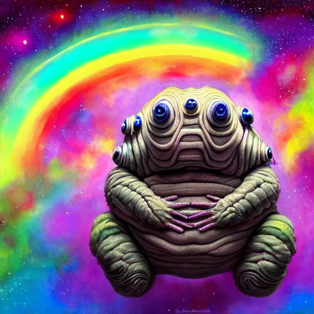 Image similar to a highly detailed tardigrade, it has rainbow hair and a beautiful unconventional face, floating through deep space, elegant, hyperrealistic, digital painting, artstation, realism, concept art, pop, smooth, mythological, sharp focus, qualia, illustration, art by mark ryden 3 d 8 k ultra detailed