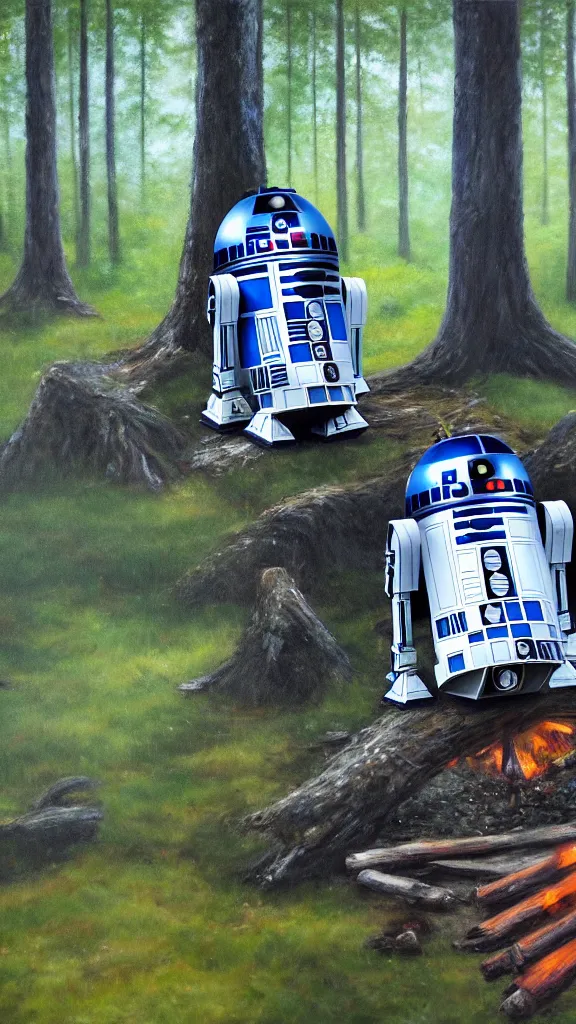 Prompt: an oil painting of r 2 - d 2 sitting by the fire at the ewok encampment, surrounded by trees. color harmony, 8 k detail, gallery quality, hd wallpaper, premium prints available, hyper - detailed, intricate design.