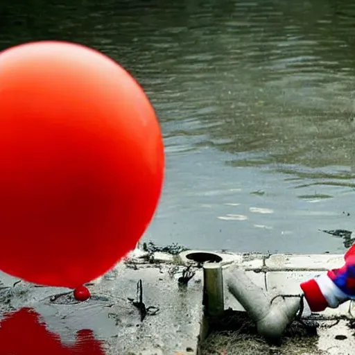 Image similar to horror photograph of clown from it trying to crawl out of a flooded sewer drain with trash and debris floating in dirty water, red balloon floats away in the sky, stephen king movie scene