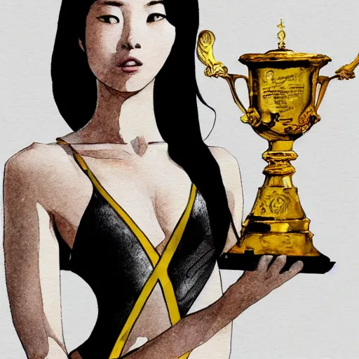 Prompt: a perfect, realistic professional digital sketch of a Japanese woman in racing one-piece swimsuit, she is holding a golden trophy cup, style of Marvel, by pen and watercolor, by a professional American senior artist on ArtStation, a high-quality hollywood-style sketch, on high-quality paper