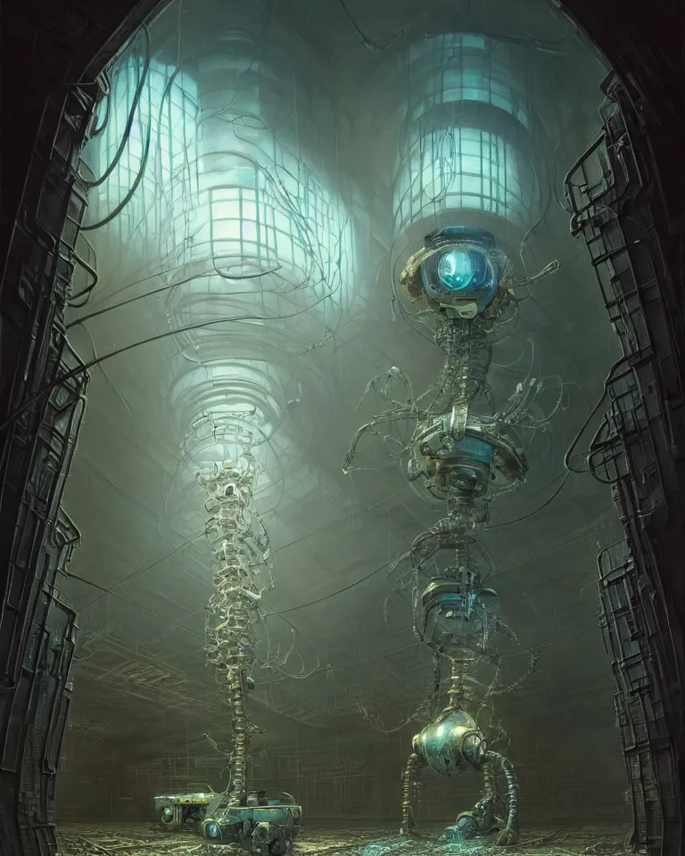 Image similar to low angle shot of a cyberpunk robot character inside a chernobyl room, intricate, elegant, highly detailed, centered, digital painting, artstation, concept art, smooth, sharp focus, illustration, artgerm, tomasz alen kopera, peter mohrbacher, donato giancola, joseph christian leyendecker, wlop, boris vallejo