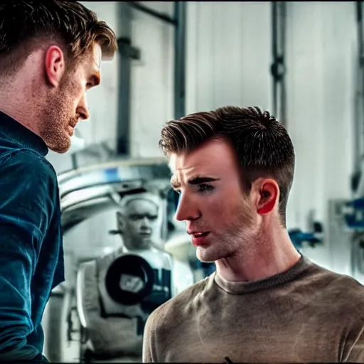 Image similar to first photos of 2 0 2 4 machinist remake - scrawny and gaunt chris evans, ( eos 5 ds r, iso 1 0 0, f / 8, 1 / 1 2 5, 8 4 mm, postprocessed, crisp face, facial features )