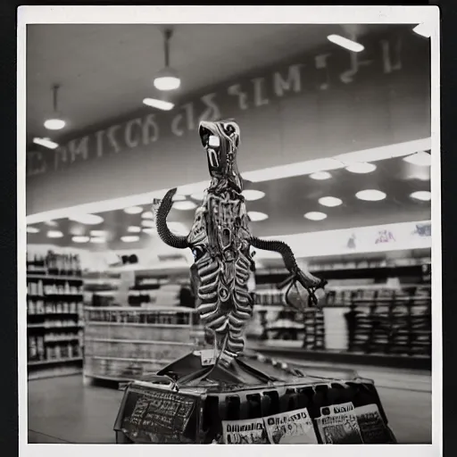 Image similar to vintage photograph of a futuristic time quetzalcoatl inside a grocery store, shallow depth of field, awkward, out of place, polaroid 6 0 0 color