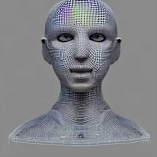 Prompt: three dimensional portrait of a robot inspired by data - driven art, generative, coding, particle waves, spirals