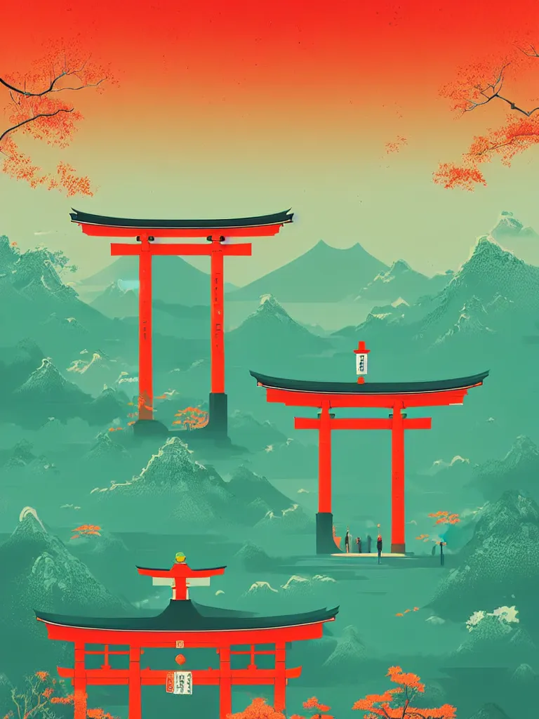 Image similar to a travel poster illustration depicting a japanese torii gate, vintage style, detailed illustration, digital painting, vector art, trending on artstration, by anton fadeev, by alena aenami