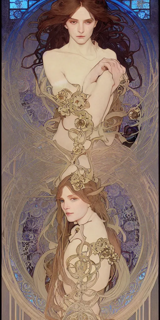 Prompt: Beautiful female wizard with blue rose robes wearing an intricate arcane makeup searching for her soul, digital art, art by Alphonse Mucha, Greg Rutkowski, Alex Ross, WLOP