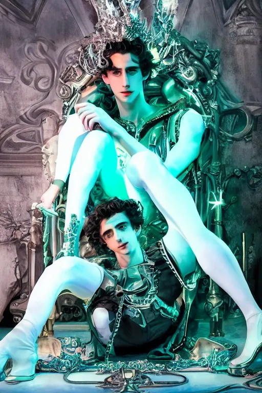 Prompt: full-body rococo and cyberpunk style neon statue of a muscular attractive Timothée Chalamet macho dotado e rico android sim roupa reclining con las piernas abertas e la piroca dura, glowing white lasers, glowing eyes, silver prince crown, silver steampunk gears, white diamonds, swirling mint-colored silk fabric. futuristic elements. ethereal white dripping tar. full-length view. space robots. human skulls. large white balloon animals. intricate artwork by caravaggio. Trending on artstation, octane render, cinematic lighting from the right, hyper realism, octane render, 8k, depth of field, 3D