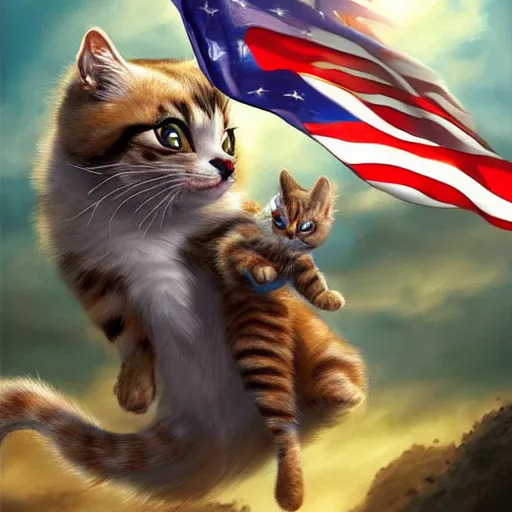 Image similar to a hyper real comic book style portrait painting in which a small cat holding a flag is riding a large fluffy cat on noble quests and into battle where backgrounds are wild and interesting with fascinating skies and epic terrain