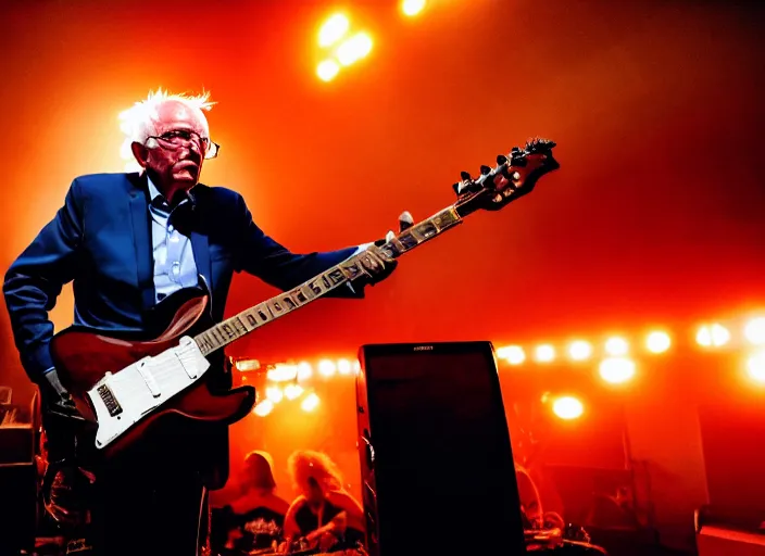 Image similar to publicity photo still of bernie sanders in a punk band playing live on stage, 8 k, live concert lighting, mid shot