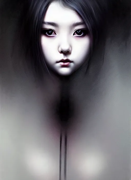 Prompt: an attractively pretty young woman with morbid thoughts wearing a Japanese-style school uniform, she is the queen of black roses, by Casey Baugh, Steve Caldwell, Gottfried Helnwein, Yasunari Ikenaga, and Range Murata.