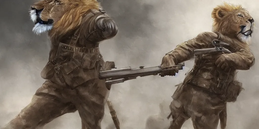 Image similar to Full body concept art of A High fantasy WW1 lion firing a heavy shotgun trending on artstation deviantart Pinterest detailed High Resolution HD 8k