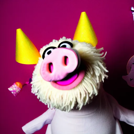 Prompt: studio photograph of a flying smiling pig with unicorn horn depicted as a muppet