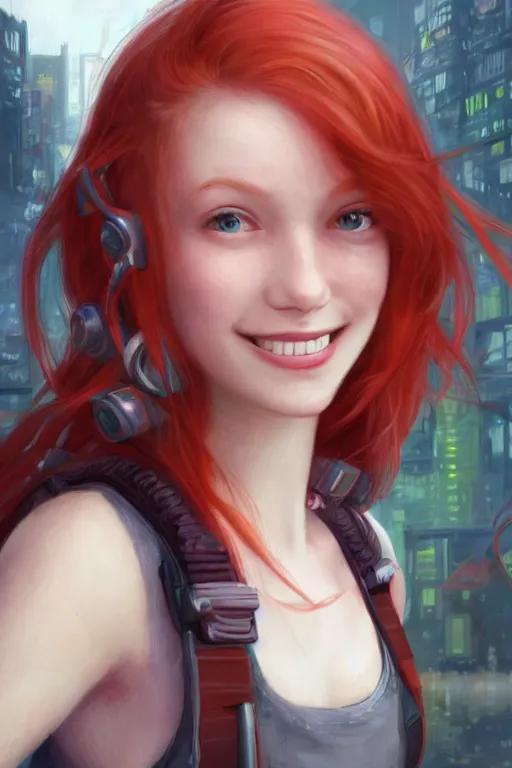 Prompt: beautiful cute red haired joyful and playful eighteen year old young girl standing up, casual green clothing, long hair, cyberpunk city, cute smiling face, rpg character, sci - fi, intricate, elegant, digital painting, artstation, concept art, smooth, 8 k frostbite 3 engine, ultra detailed, art by artgerm and greg rutkowski and magali villeneuve