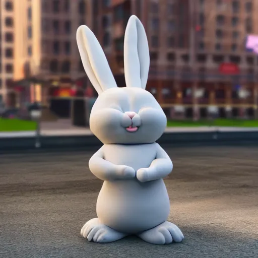 Image similar to a clay sculpture of a funny bunny, new york city background, hyper realistic, 3 d render