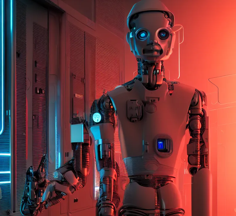 Image similar to hyperrealism stock photo of highly detailed stylish humanoid robot in sci - fi cyberpunk style by gragory crewdson and vincent di fate with many details by josan gonzalez working in the highly detailed data center by mike winkelmann and laurie greasley hyperrealism photo on dsmc 3 system rendered in blender and octane render