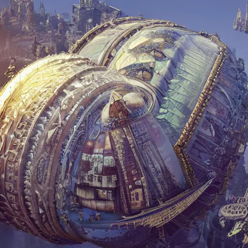 Image similar to enormous flying city in a faberge egg, sky, steampunk, fantasy art, masterpiece, unreal engine