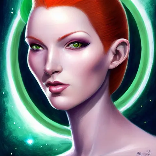 Image similar to Redhead Pleiadian alien human beautiful hybrid feminine woman, with stunning green eyes, cute symmetrical round face and a roundish nose, as a retro futuristic heroine, gorgeous digital painting, artstation, concept art, smooth, sharp focus, illustration, art by artgerm and donato giancola and Joseph Christian Leyendecker, Ross Tran, WLOP