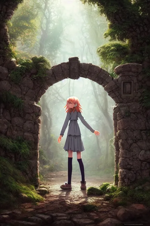 Image similar to a highly detailed matte painting of a teenager with shaggy hair and hip clothes standing in front of a stone gate in the elven forest ruins, by studio ghibli, by artgerm, by wlop, by greg rutkowski, red tones, volumetric lighting, octane render, 4 k resolution, trending on artstation, masterpiece