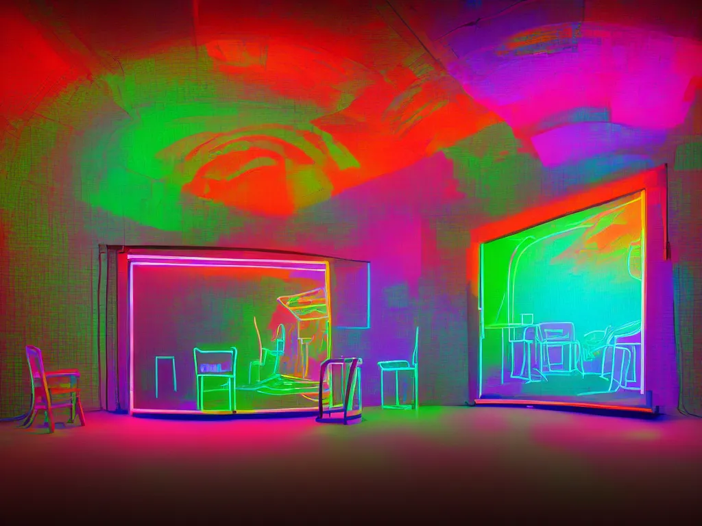 Image similar to room with overlaping curved translucent screens projecting art, large colorful art, pixel perfect image, high contrast, volumetric lighting, tiny neon light, chair, user, pair of keys