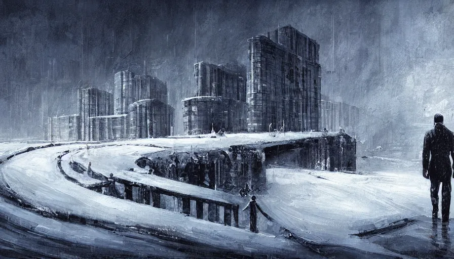 Prompt: a beautiful painting in the style of cedric peyravernay of a snowy landscape with daniel craig as james bond as he overlooks a menacing brutalist facility, award winning
