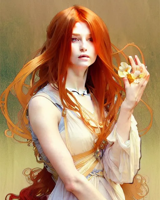 Image similar to a cool ginger girl. she is dressed as a princess. clean elegant painting, beautiful detailed face. by artgerm and greg rutkowski and alphonse mucha